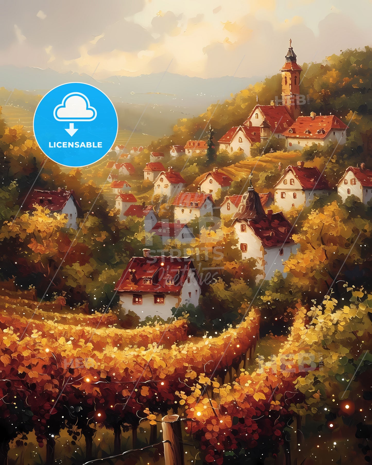 Pfalz, Germany - A Painting Of A Village In A Vineyard