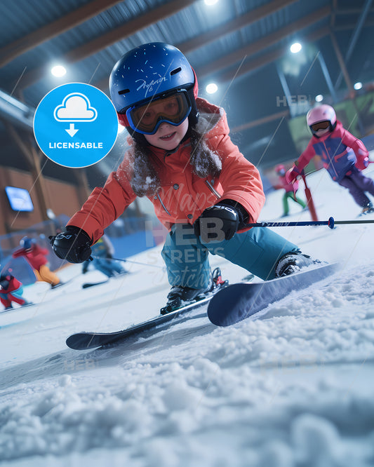 In The Indoor Ski Resort, Skiers Gallop On The Snow Track - A Girl In A Helmet And Skis