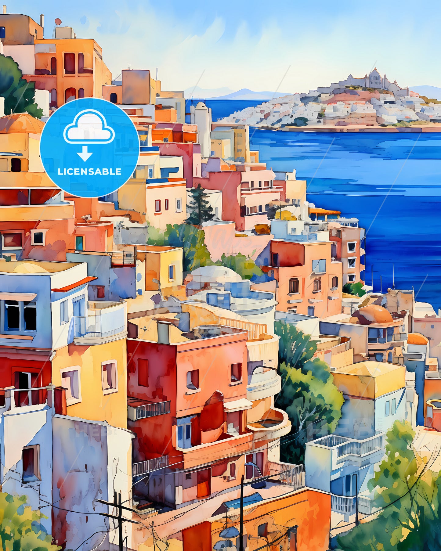 Piraeus, Greece - Watercolor Painting Of A City By A Body Of Water