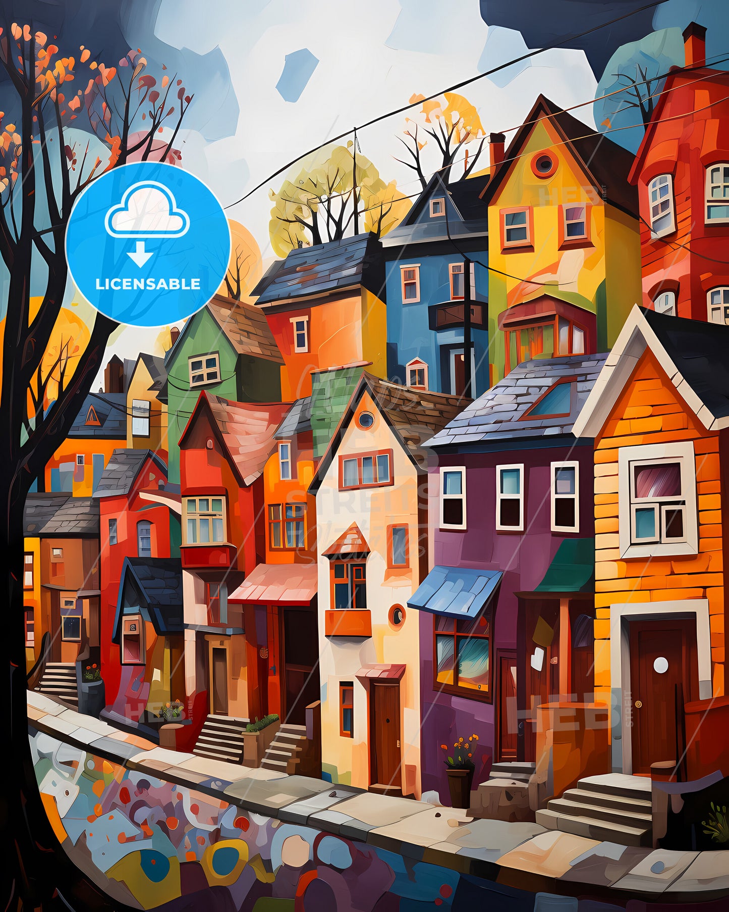 Almere, Netherlands - A Painting Of A Row Of Colorful Houses