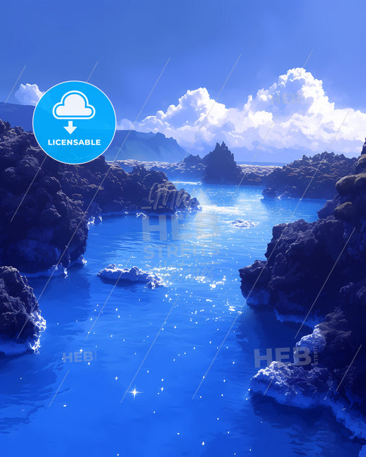 Blue Lagoon, Iceland - A Body Of Water With Rocks And Blue Sky