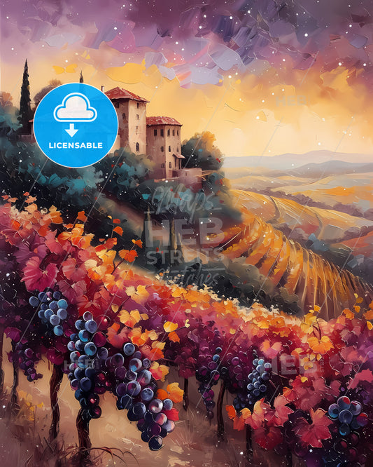 Bordeaux, France - A Painting Of A House On A Hill With Grapes