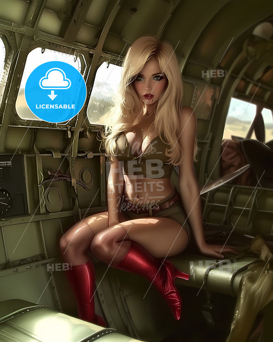 Blonde Pin Up Girl In Stockings With Red High Heels Aviation Style - A Woman In A Military Uniform Sitting On A Green Plane