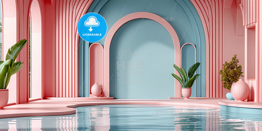 Abstract Modern Minimal Background With Pink Blue Hemispheres - A Pool With A Pink Arch And A Plant