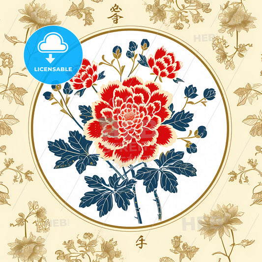 Pattern Design, Pattern Road, Chinese Style, Ancient Style - A Red Flower With Blue Leaves On A White Circle