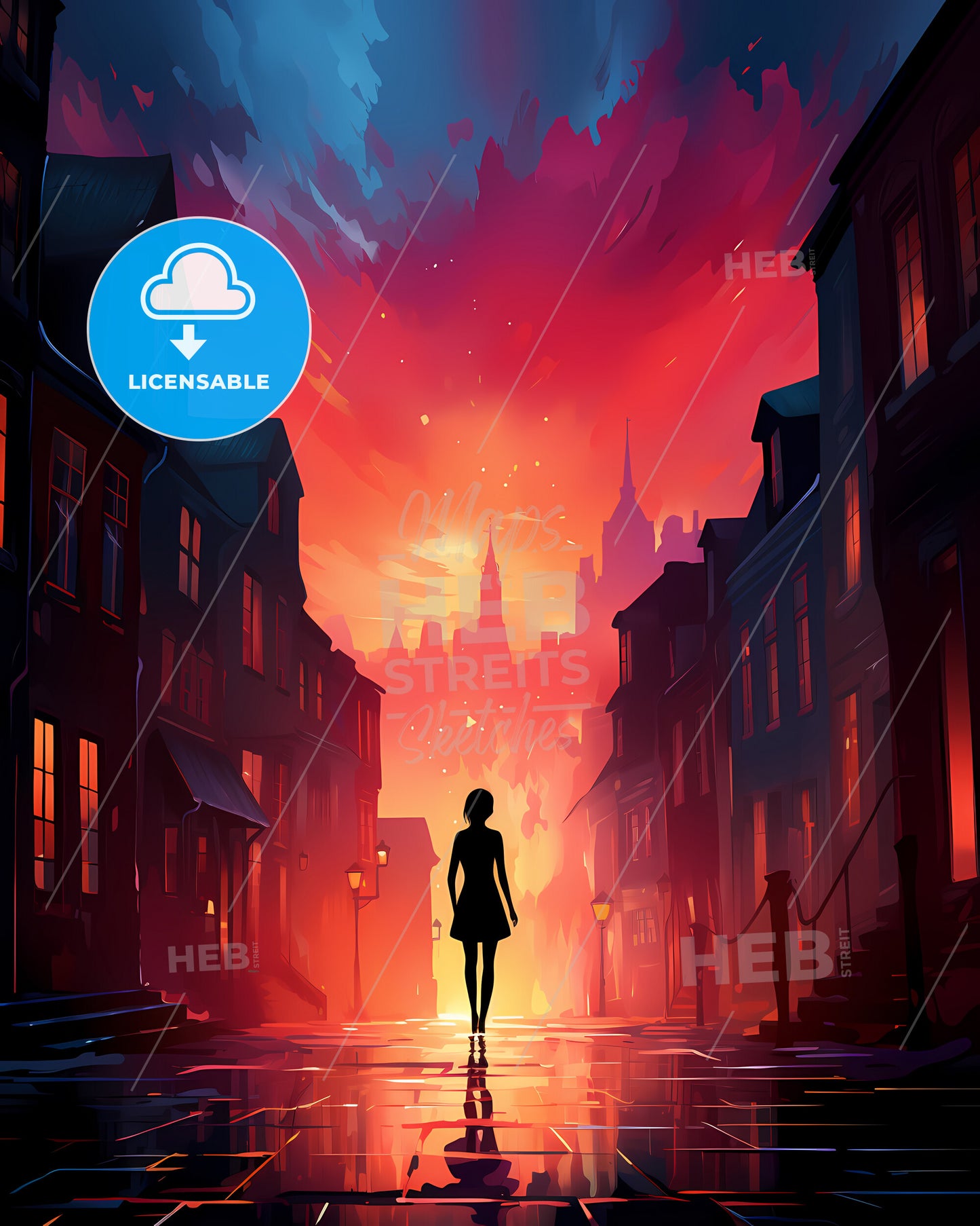 Aalborg, Denmark - A Woman Walking In A Street With Buildings And A Red Sky