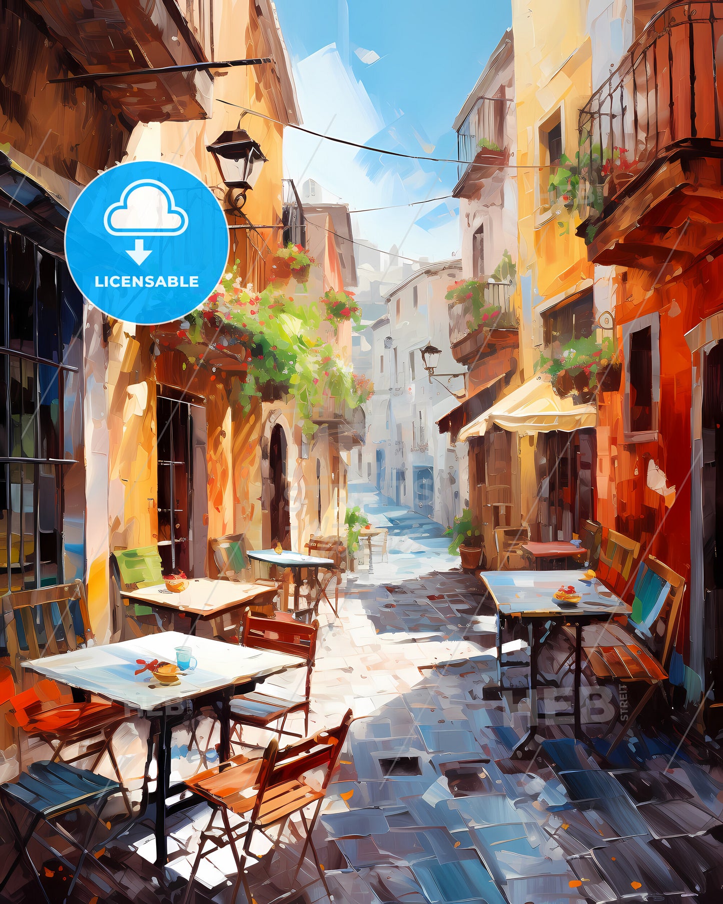 Catania, Italy - A Painting Of A Street With Tables And Chairs