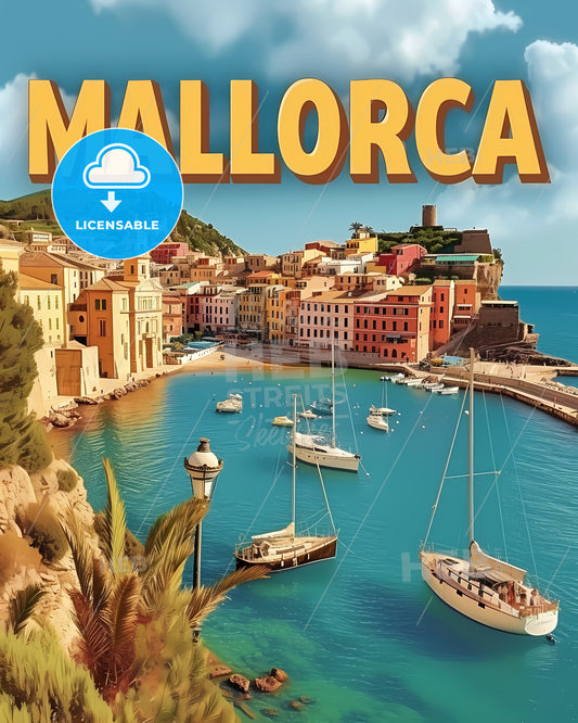 Mallorca Spain Poster With Text Mallorca In A Beautiful Matching Font - A Harbor With Boats And Buildings In The Background
