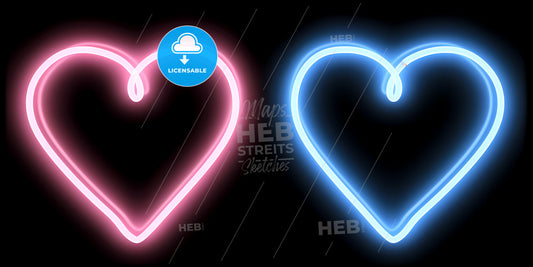 Pink Blue Neon Light Drawing, Couple Of Hearts, Romantic Symbols, Abstract Doodles Isolated On Black Background - A Pair Of Neon Hearts