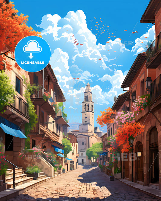 Verona, Italy - A Street With Buildings And A Tower