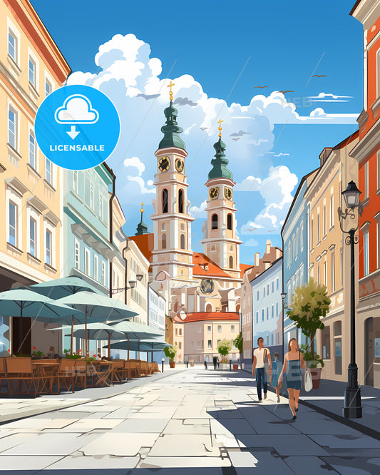 Linz, Austria - A Street With A Clock Tower And People Walking Down It