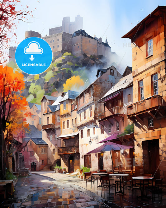 Clermont-Ferrand, France - A Street With Tables And Chairs And A Castle On The Hill