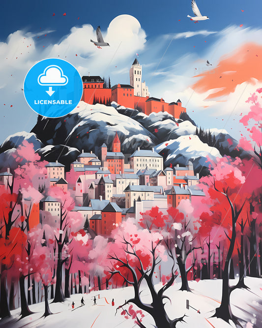 Skien, Norway - A Painting Of A Castle On A Hill With Trees And A Blue Sky