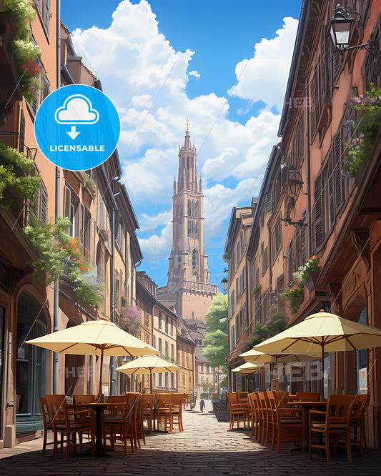 Strasbourg, France - A Street With Tables And Umbrellas In A City