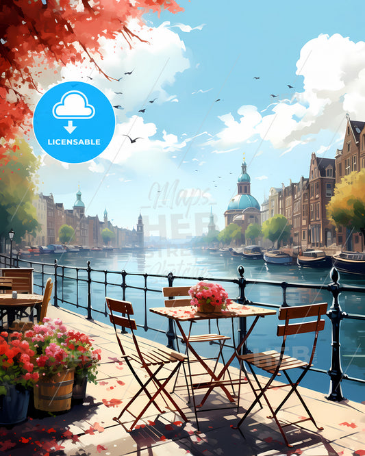Amsterdam, Netherlands - A River With Tables And Chairs On It