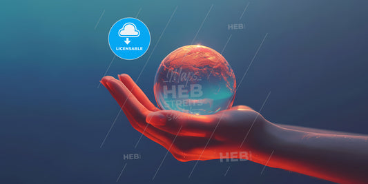 Abstract Metallic Arm Holds Glass Ball With Inner Light, Isolated On Dark Blue Background - A Hand Holding A Glass Globe