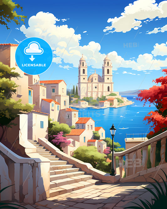 Hvar & The Pakleni Islands, Croatia - A Stairway Leading To A Town With A Church And Water