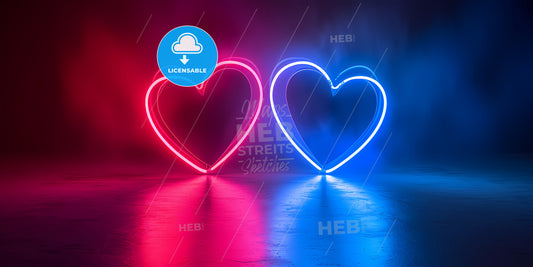 Abstract Neon Background With Two Glowing Hearts Linked Together With One Line - Two Neon Hearts In A Dark Room