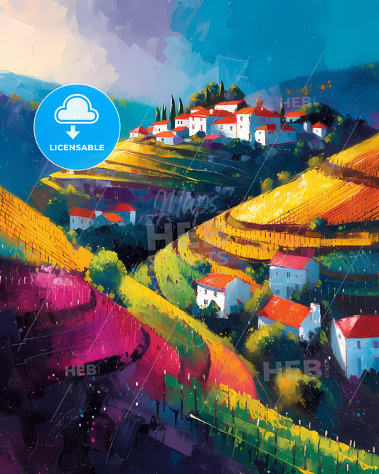 Douro Valley, Portugal - A Painting Of A Village On A Hillside