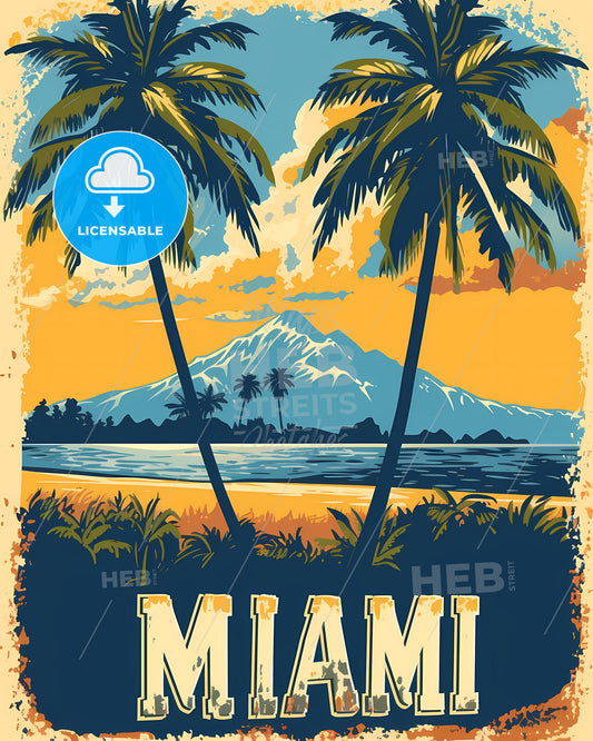 Poster With Bottom Text Miami In Bold Font - A Poster Of A Beach With Palm Trees And Mountains