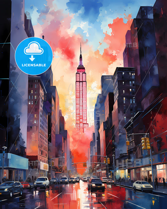 New York City - A City Street With Cars And A Tall Tower