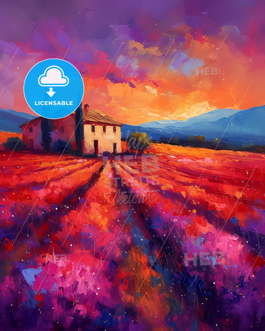 Catalonia, Spain - A Painting Of A House In A Field Of Flowers