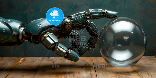 Abstract Metallic Arm Holds Glass Sphere With Inner Light, Isolated On Dark Blue Background - A Robot Touching A Glass Ball