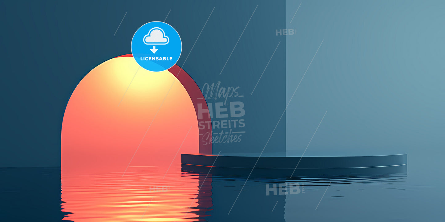 Abstract Modern Minimal Background With Golden Arch Between The Pink Blue - A Room With A Door Opening And A Platform In The Water