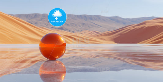 Surreal Panoramic Background - A Orange Ball On A Reflective Surface