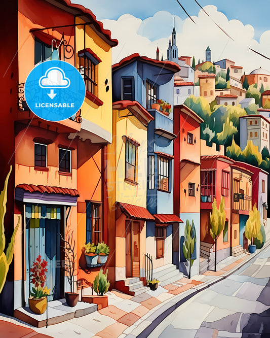 Konya, Turkey - A Painting Of A Street With Colorful Buildings