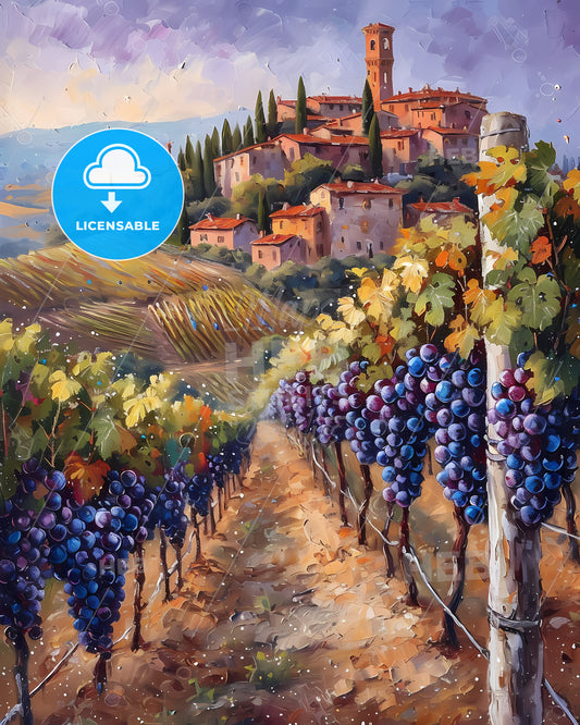 Tuscany, Italy - A Painting Of A Vineyard With A Town In The Background