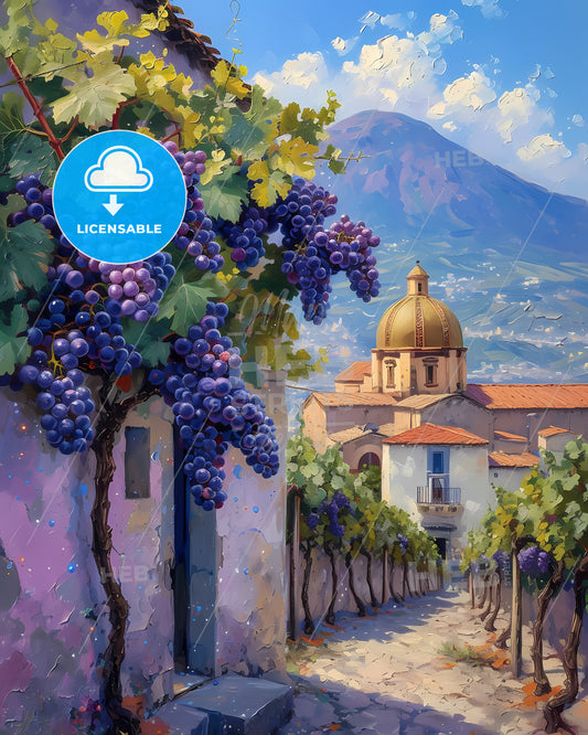 Campania, Italy - A Painting Of A Vineyard With A Mountain In The Background