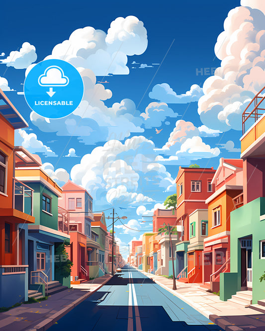 Maldives, Republic Of Maldives - A Street With Colorful Buildings And Clouds In The Sky