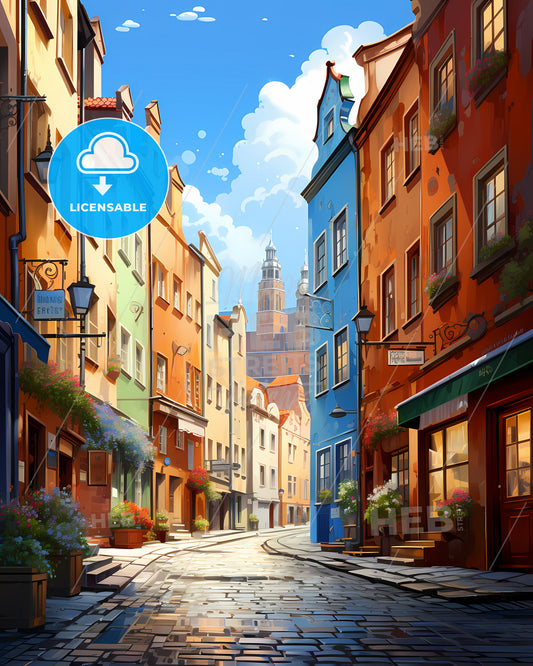 Krakow, Poland - A Street With Buildings And A Tower In The Background