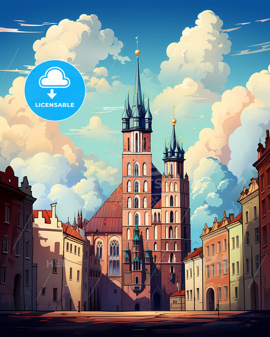 Krakow, Poland - A Building With Towers And A Street In The Background