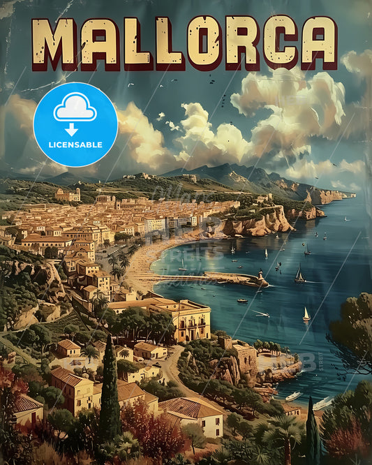 Mallorca Spain Poster With Text Mallorca In A Beautiful Matching Font - A Poster Of A Town On A Rocky Beach