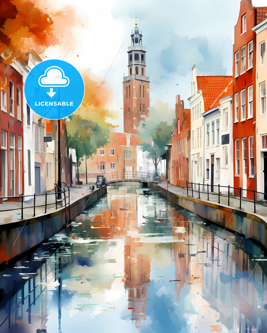 Utrecht, Netherlands - A Water Canal With A Tower In The Background