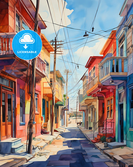 Nicosia, Cyprus - A Watercolor Of A Street With Colorful Buildings