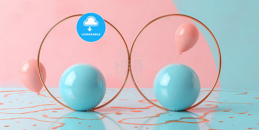 Abstract Modern Minimal Background With Golden Arch Between The Pink Blue - A Two Blue Spheres And A Pink Balloon