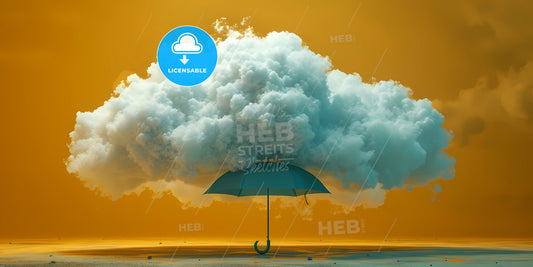 White Clouds And Blue Umbrella, Isolated On Yellow Background - An Umbrella With A Cloud Of Smoke