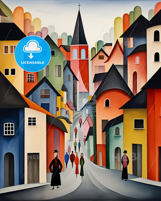 Lucerne, Switzerland - A Painting Of A Street With People Walking Down It