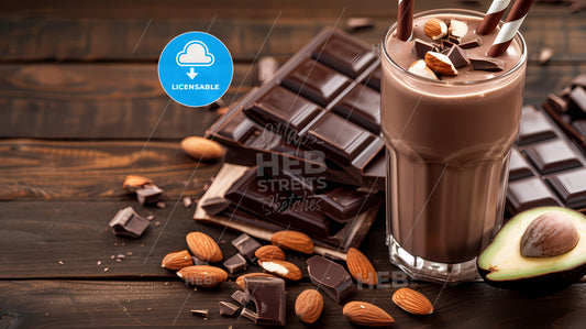 Nutritious Plant-Based Smoothie With Almonds, Chocolate, And Avocado - A Chocolate Milkshake With Nuts And Chocolate Bars
