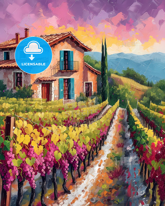 Catalonia, Spain - A Painting Of A House And Vineyard
