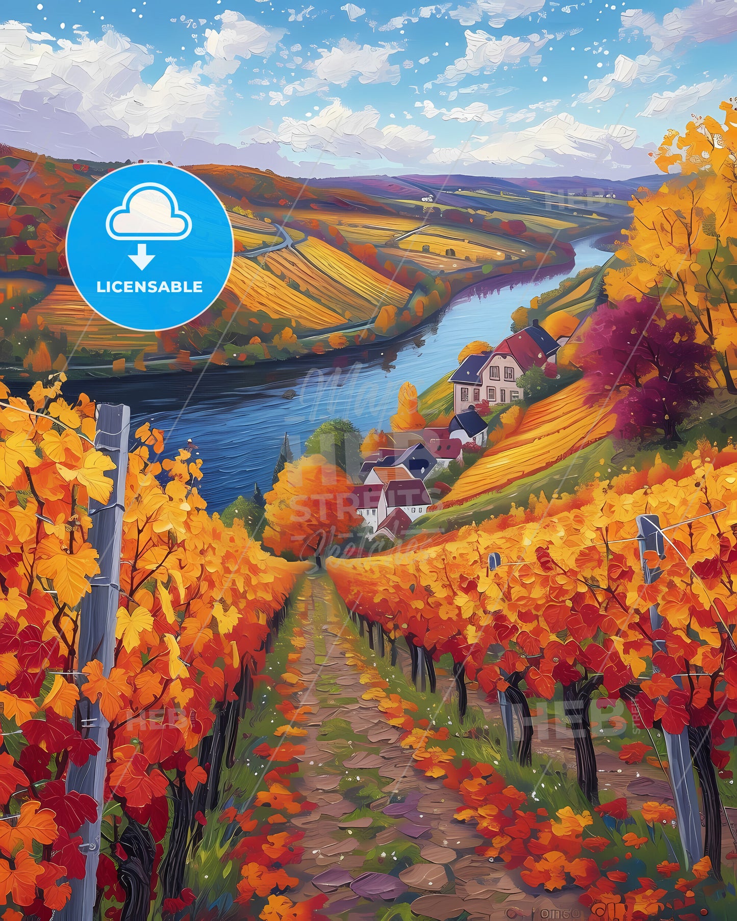 Mosel, Germany - A Painting Of A River Running Through A Vineyard