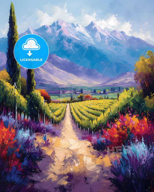 Mendoza, Argentina - A Painting Of A Vineyard With Mountains In The Background