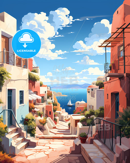 Santorin, Greece - A Painting Of A Street With Buildings And A Body Of Water