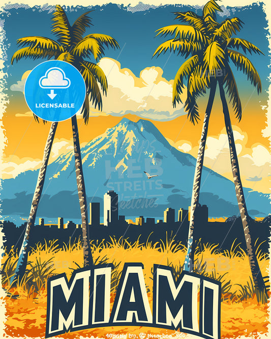 Poster With Bottom Text Miami In Bold Font - A Poster Of A City With Palm Trees