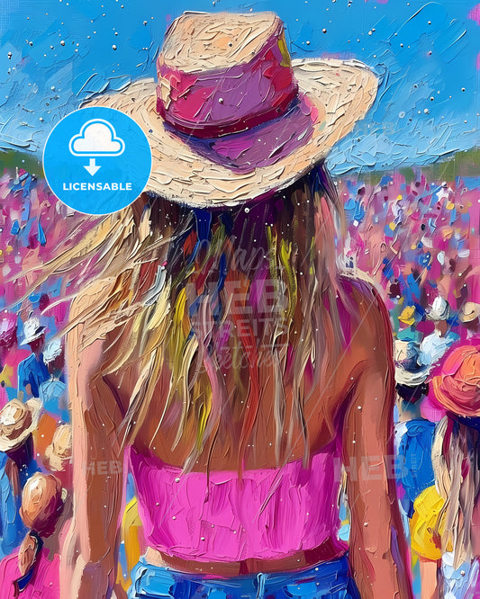 Splendour In The Grass - A Painting Of A Woman In A Pink Dress And Hat