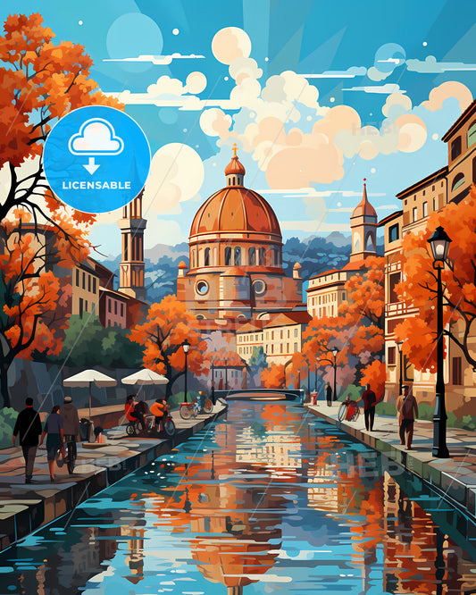 Florence, Italy - A Water Canal With A Building In The Background