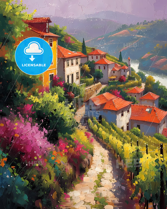 Douro Valley, Portugal - A Painting Of A Village With Red Roofs And A River